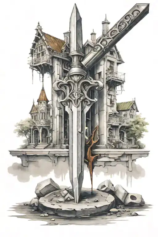 Excalibur in concrete on a modern city street  tattoo design idea