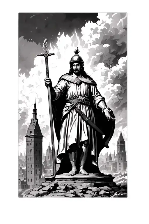  st Florine with retro fire helmet A bold flash style St. Florian  standing with clouds and burning buildings  tattoo design idea
