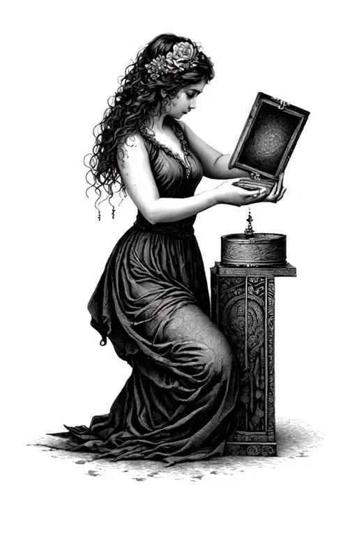 Woman opening Pandoras box tattoo design idea