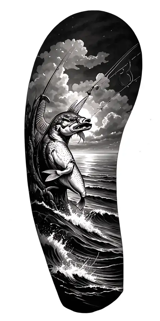 hunting,fishing and ocean scene tattoo design idea