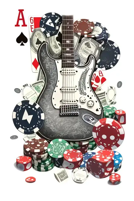 electric guitar poker chips playing cards dice scattered money tattoo design idea