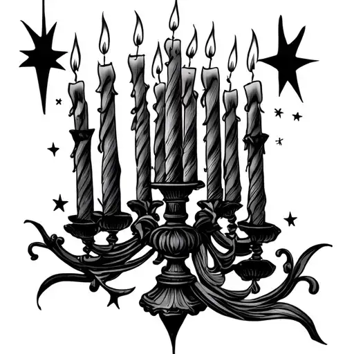 a candlestick tattoo with seven candles from the forearm to the wrist, instead of candle flames there are stars, candles tattoo design idea