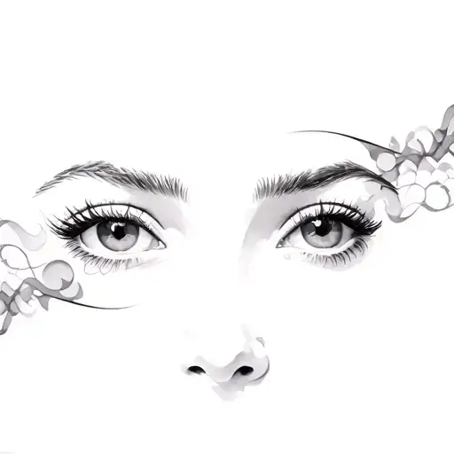 a close up of a woman's eyes surround by abstract design. add eyebrows. eyes color to be light brown.  tattoo design idea