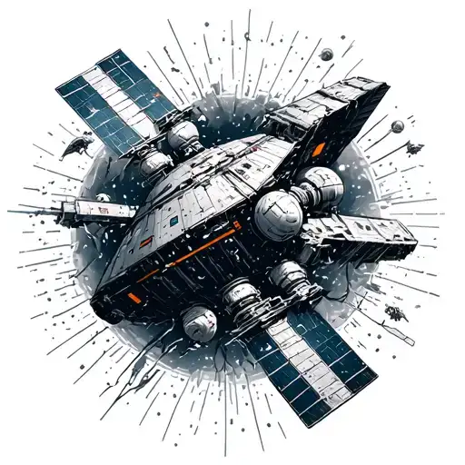 A detailed sci-fi space scene featuring a broken-down space station with shattered panels, exposed wires, and floating d tattoo design idea