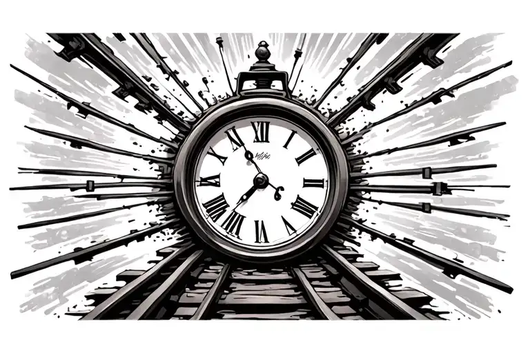 train tracks going into a clock face tattoo design idea