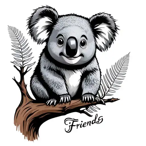 a Friendly koala on a tree with silver fern leafs and the japanese sign for friends underneath. tattoo design idea