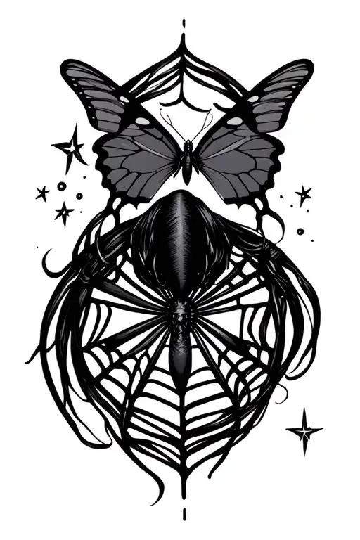 black widow with butterfly and spiderweb with stars tattoo design idea