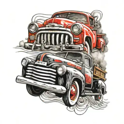 1952 red GMC truck driving through a musical staff tattoo design idea