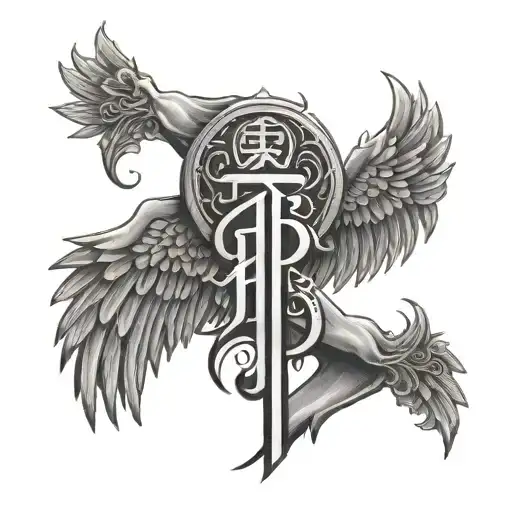 angel wings with Chinese strength symbol between them and the initials RG somewhere  tattoo design idea
