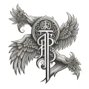 angel wings with Chinese strength symbol between them and the initials RG somewhere  tattoo design idea