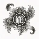 angel wings with Chinese strength symbol between them and the initials RG somewhere  tattoo design idea