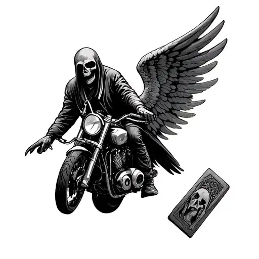 angel of death has two cards in his hand one of them is a guy with motorcycle and the other one is a grave tattoo design idea