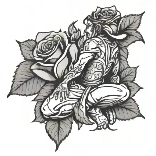samarai on knees overlooking a single rose growing tattoo design idea