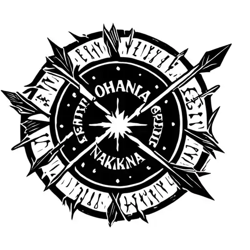 Targe of arrows, with the writings Ohana and Nakama on the external circle tattoo design idea