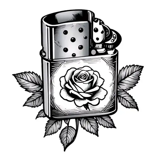 bic lighter with a small rose on the inside. patchwork tattoo design idea