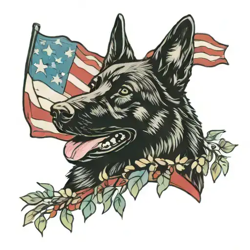 black German shepherd with American flag with eucalyptus vines tattoo design idea