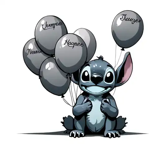 stich sitting holding 6 balloons with names as the balloon strings tattoo design idea