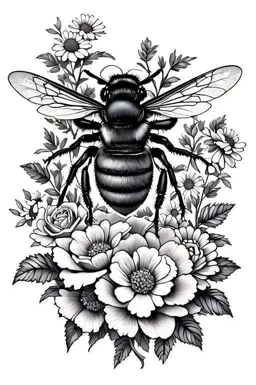 Manchester bee with roses and daisies and peonies growing tattoo design idea