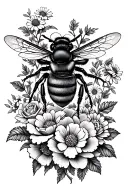 Manchester bee with roses and daisies and peonies growing tattoo design idea