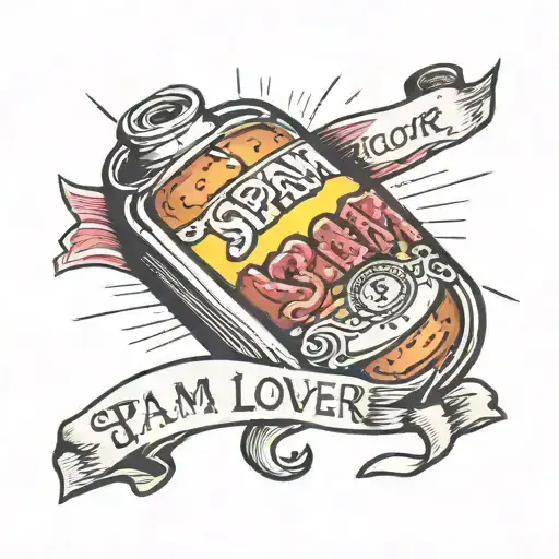 A traditional tattoo design featuring a can of spam with a banner that says 'Spam Lover' tattoo design idea