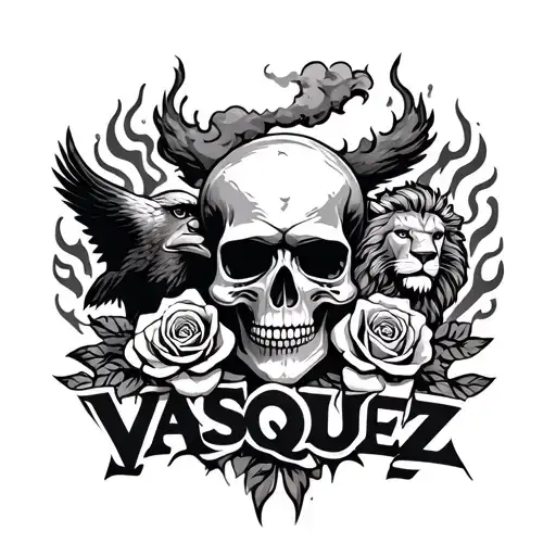 small skull and roses with little eagle and lion with flames and a smokey cloud stenciling the word VASQUEZ  tattoo design idea
