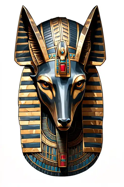 Realistic Anubis head sculpted in stone, Egyptian armor bold shading, placed on upper chest. realism  angled  tattoo design idea
