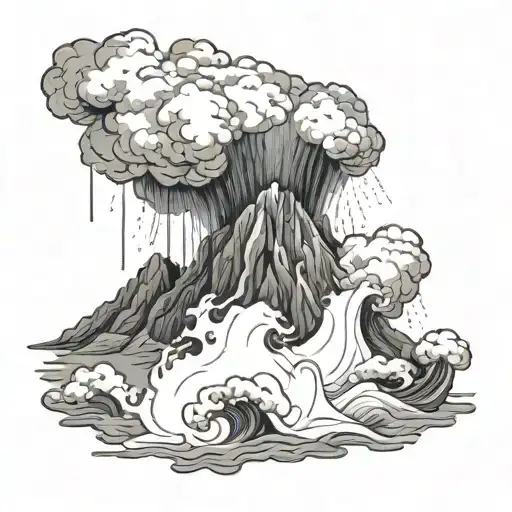erupting vulcano with spilling lava, a thunderstorm above and a rough see at the bottom of the vulcano tattoo design idea