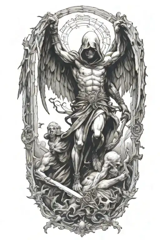 hooded arch angel defeating a demon tattoo design idea