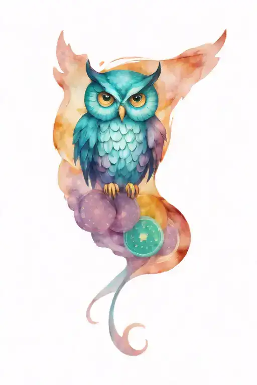 a swirl of blue, turquoise and purple with an owl shaped container and poker chips tattoo design idea
