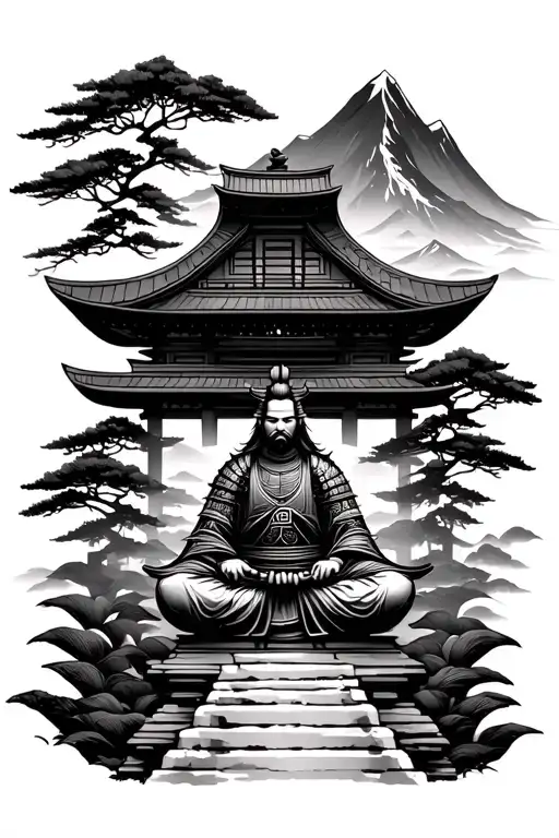 japanese temple with samurai warrior meditation with a mountain and trees  tattoo design idea