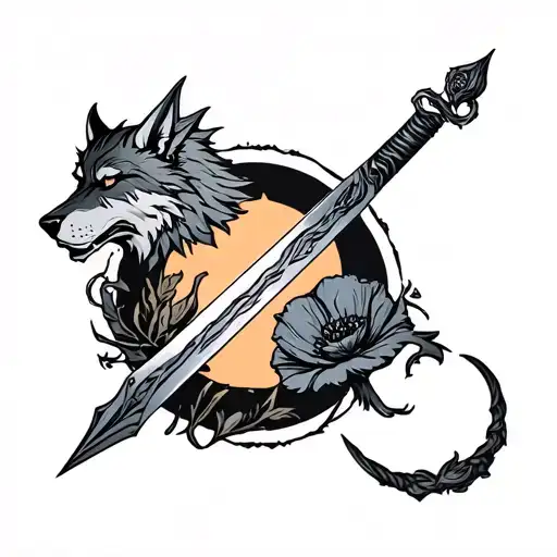 Demon sword with a poppy around the guard, a wolf with horn below, a phenix on the left side, a corbea tattoo design idea