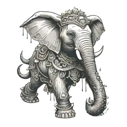 an elephant in a ballerina costume in a rain of axes tattoo design idea