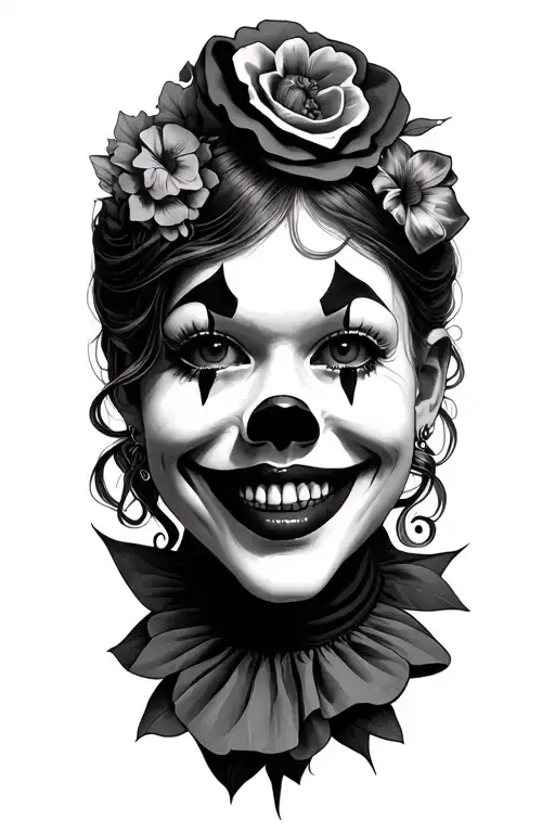 smiling clown girl face tattoo with a septum piercing  with a skull and flowers tattoo design idea
