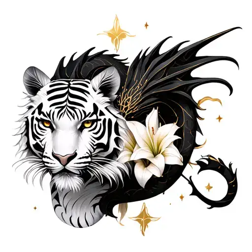 black/gold dragon and a white tiger, stargazer lilies, a mountain range with three points and stars over each point tattoo design idea