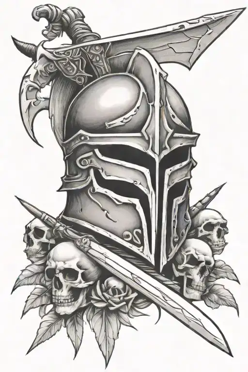 spartan helmet and skulls and swords tattoo design idea