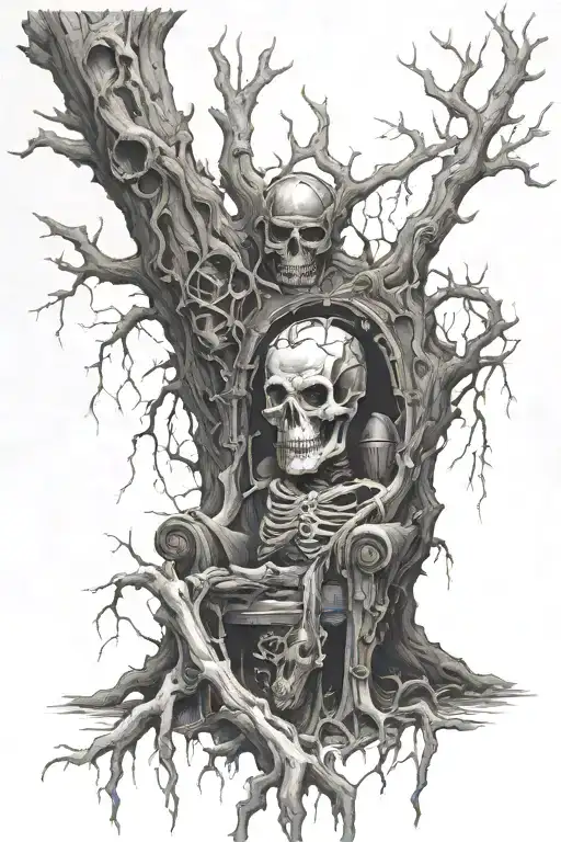 dead tree with decaying throne and dead corpse with armour tattoo design idea