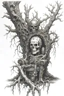 dead tree with decaying throne and dead corpse with armour tattoo design idea