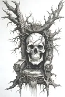 dead tree with decaying throne and dead corpse with armour tattoo design idea