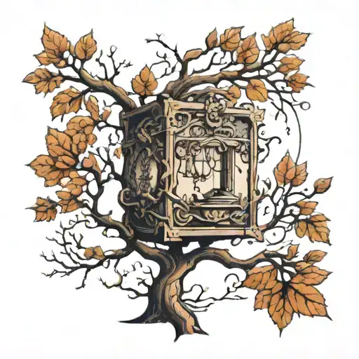 Square with tree inside and swing on one branch - once it goes outside the square make there be no leaves on the branche tattoo design idea