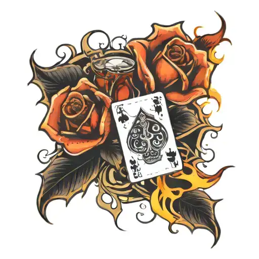 flaming rose with flaming playing cards and poker chips tattoo design idea