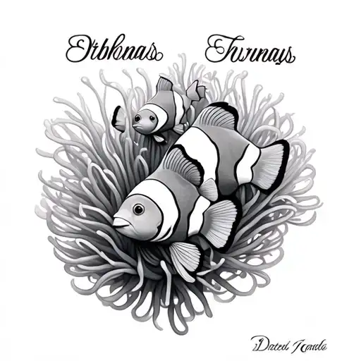 4 Clownfish in anemone with family member names incorporated tattoo design idea