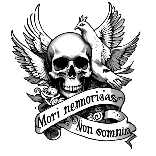 a full chest piece with a skull on the left a dove on the right and a banner with the words Mori memorias non somnia in  tattoo design idea