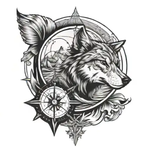 Wolf face and sea and boat and map and compass and moon and family symbol on shoulder tattoo design idea