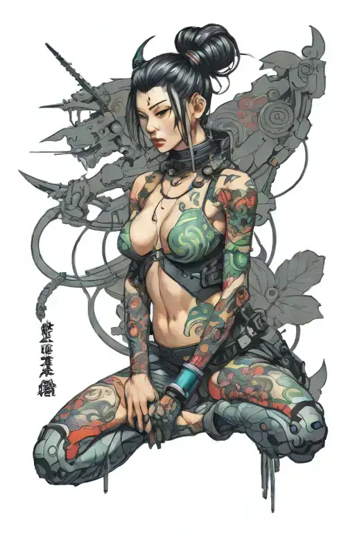 cyberpunk cyborg woman posing tattoo design idea