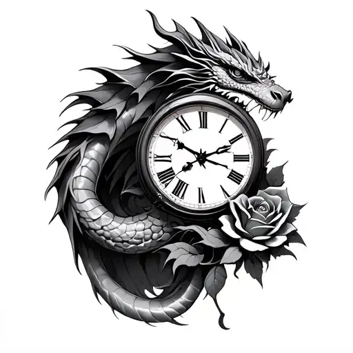 dragon clock and rose intertwined tattoo design idea