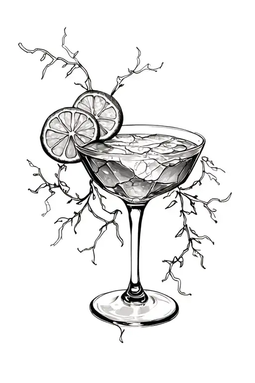 Broken margarita glass entangled with vines tattoo design idea