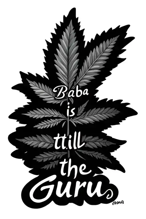 1 marijuana leaf with long stem, Written in sanskrit "Baba is still the Guru" in 3 steps tattoo design idea