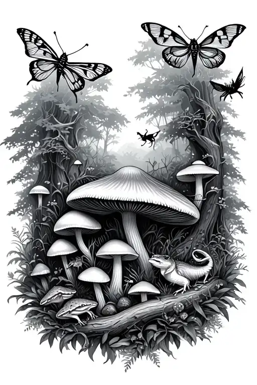 forest scene with mushroom and faeries, moths and toads, dragon silhouettes and other small forest creatures entwined  tattoo design idea