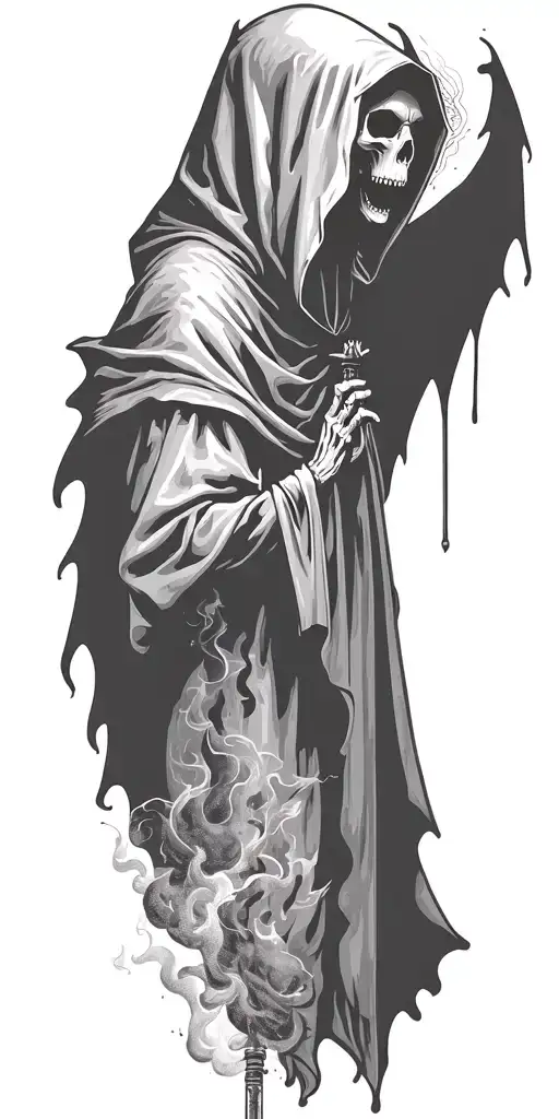 hooded reaper silohuette, smoke, fire, scary, bat wings tattoo design idea