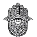 hamsa, vishra vajra, eye of horus, Celtic shield knot, scallop shell, rudraksh beads, bagua mirror combine those symbols tattoo design idea